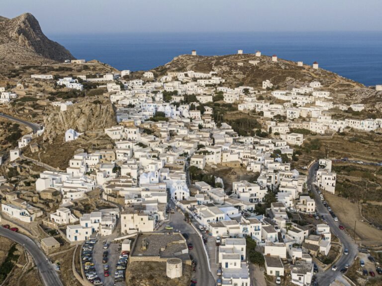 Aerial view of Greek Chora village on Amorgos island, Aegean Sea, Cyclades