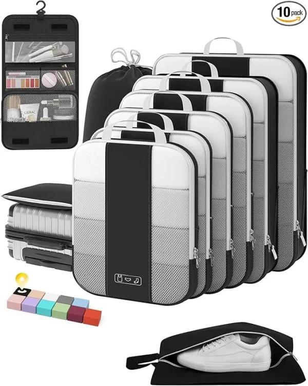 10 Set Compression Packing Cubes for Travel Essentials,Compressible Expandable Packing Cubes for Suitcase,OlarHike Luggage Organizer Bags for Travel,Handy Helper for Organizing Clothes(Black)