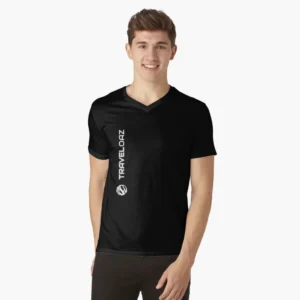 V-Neck T-Shirt – Vertical Version White Pantone Normal Size Full Logo
