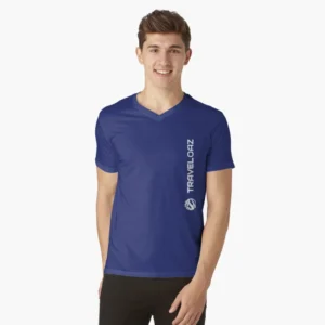 V-Neck T-Shirt – Vertical Version White Pantone Normal Size Full Logo II